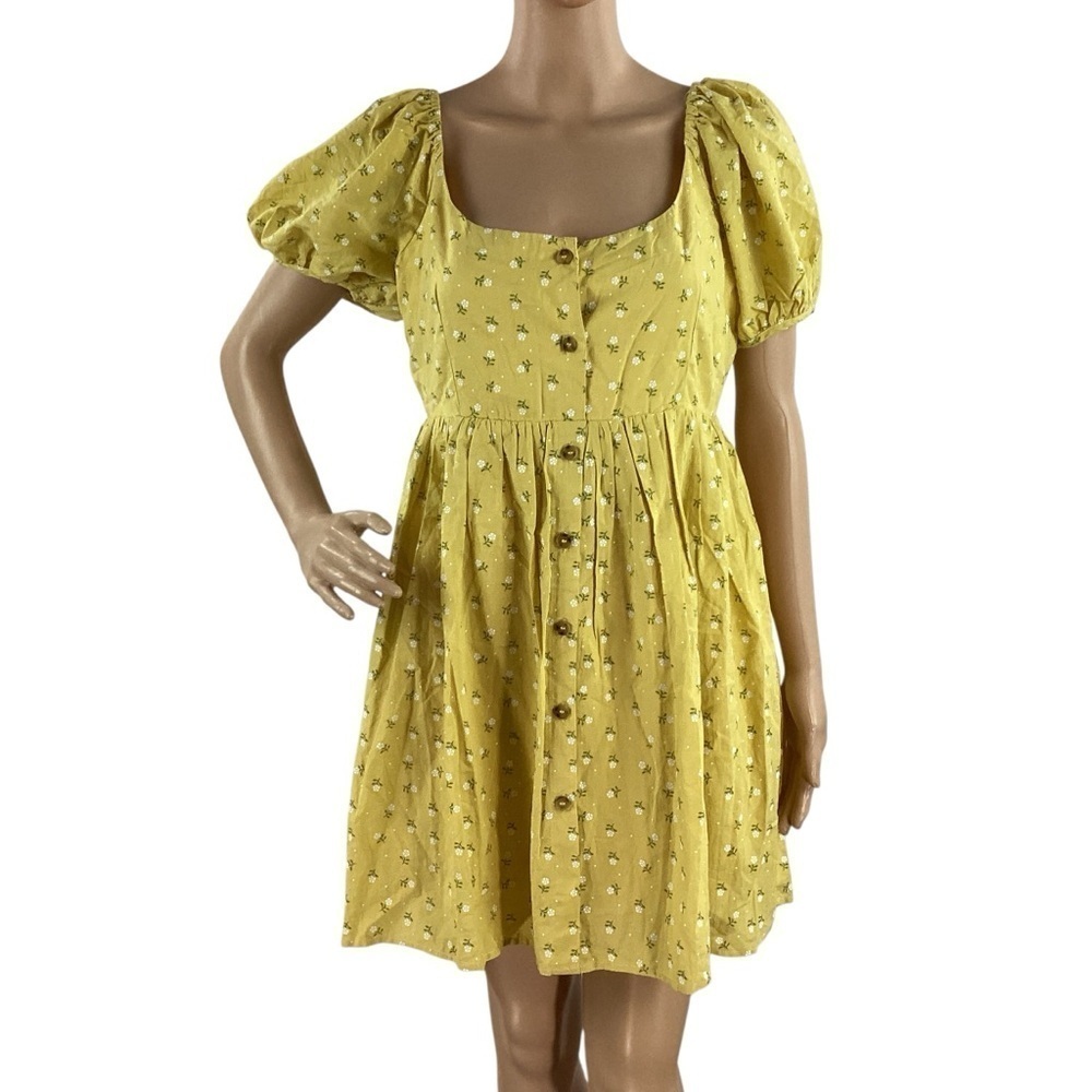 Line & Dot Hailee Puff Sleeve Mini Dress Yellow Floral Size M
